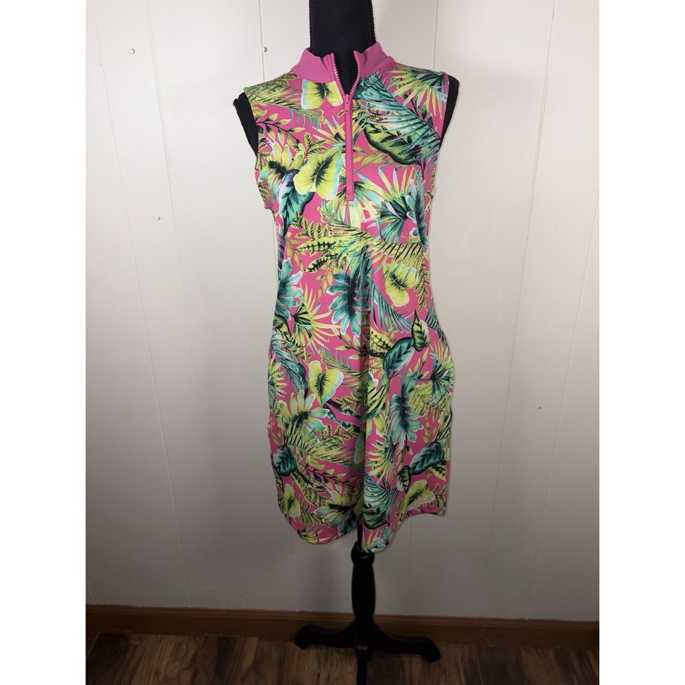 Tommy‎ Bahama Golf Tropical Print Dress Medium Pink 1/4 Zip Sleeveless Pockets